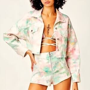 For Love & Lemons Delphine Tie Dye Crop Denim Jacket Green Pink Button Up Size S